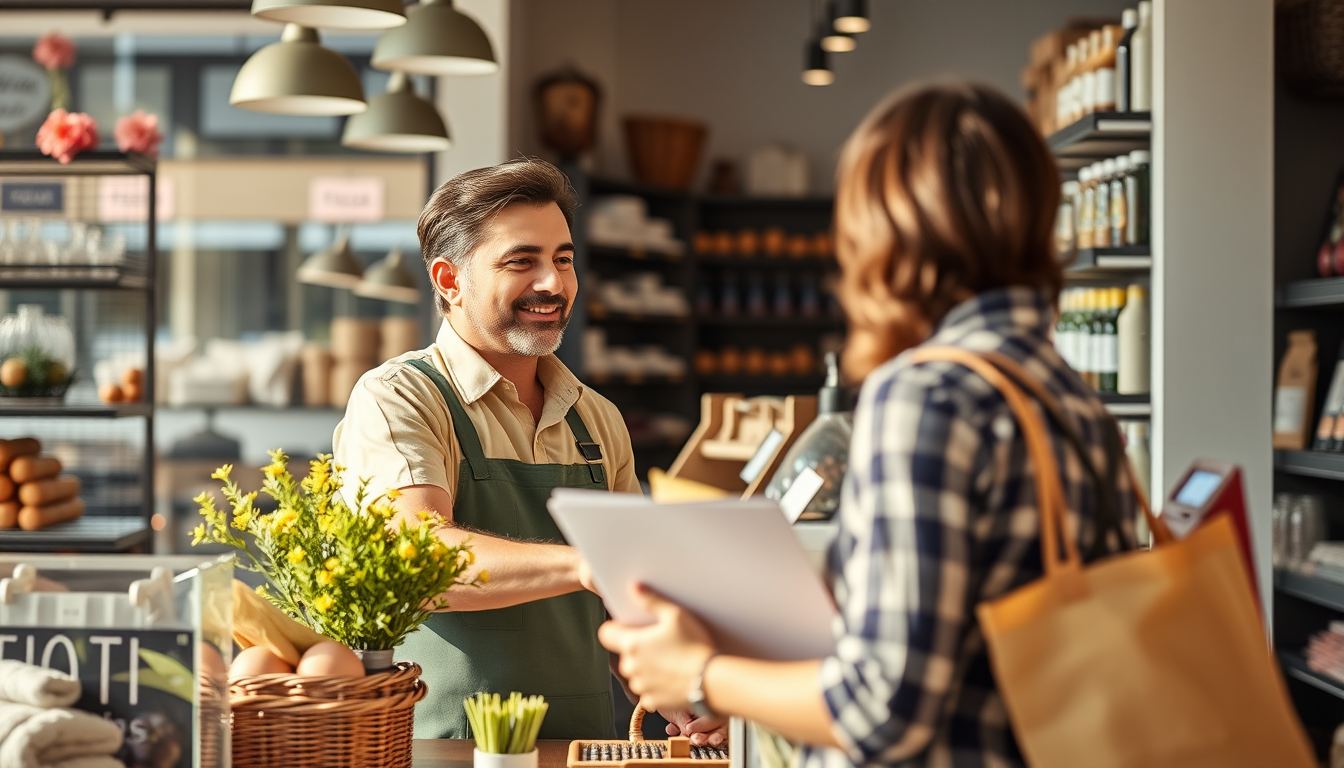 Dependiente atendiendo a un cliente en una tienda española