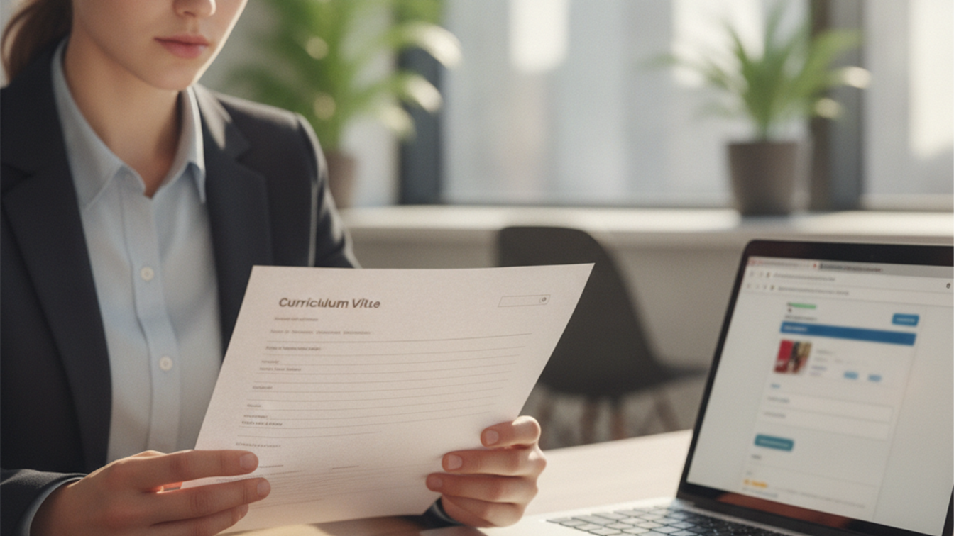Persona sosteniendo su curriculum vitae impreso junto a un ordenador