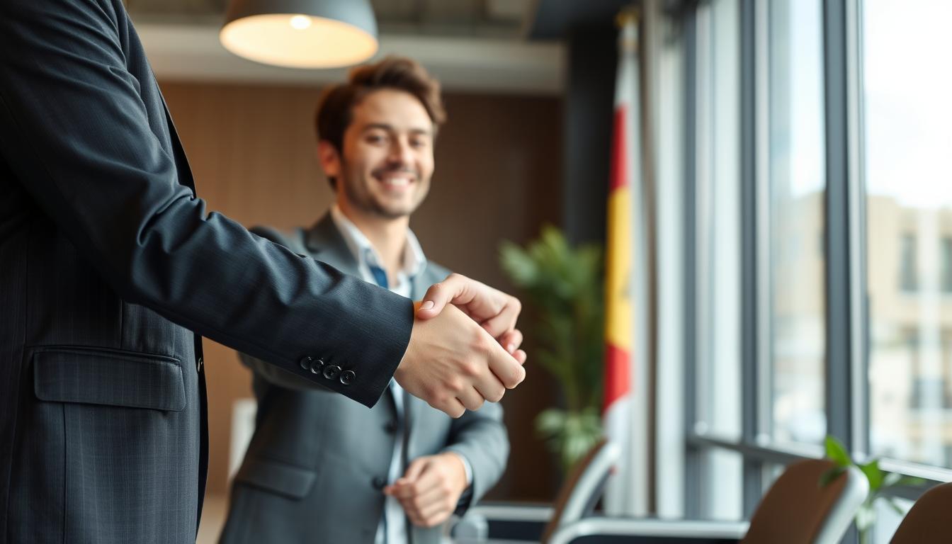 Candidato dando la mano a un empleador tras conseguir trabajo en España