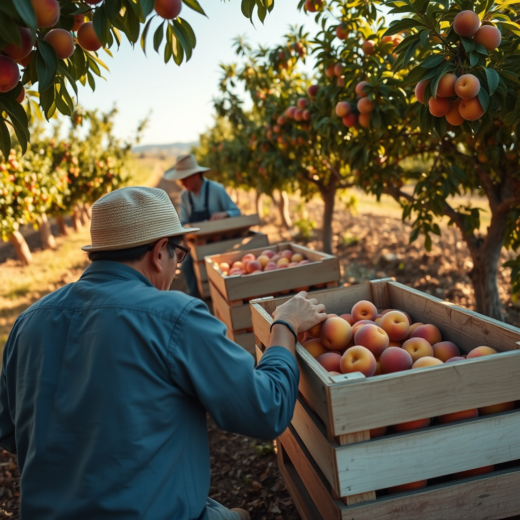 trabajadores recogiendo fruta en campo agricola de Espana