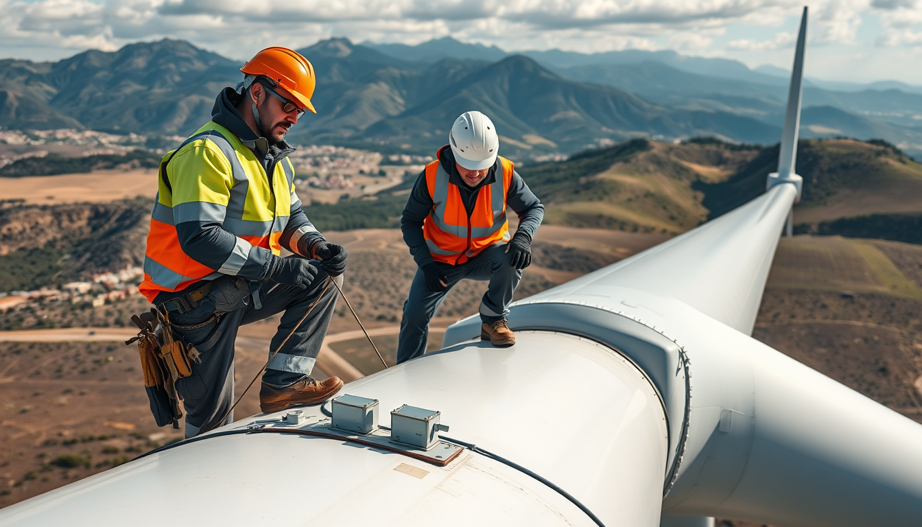 Tecnicos de mantenimiento revisando un aerogenerador en un parque eolico en Espana