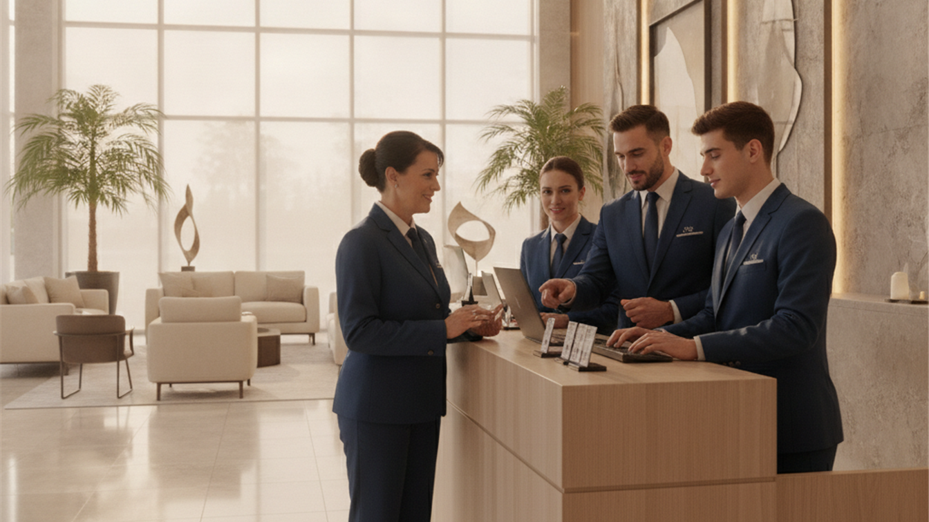 Equipo de recepción de hotel en España formando a un nuevo empleado