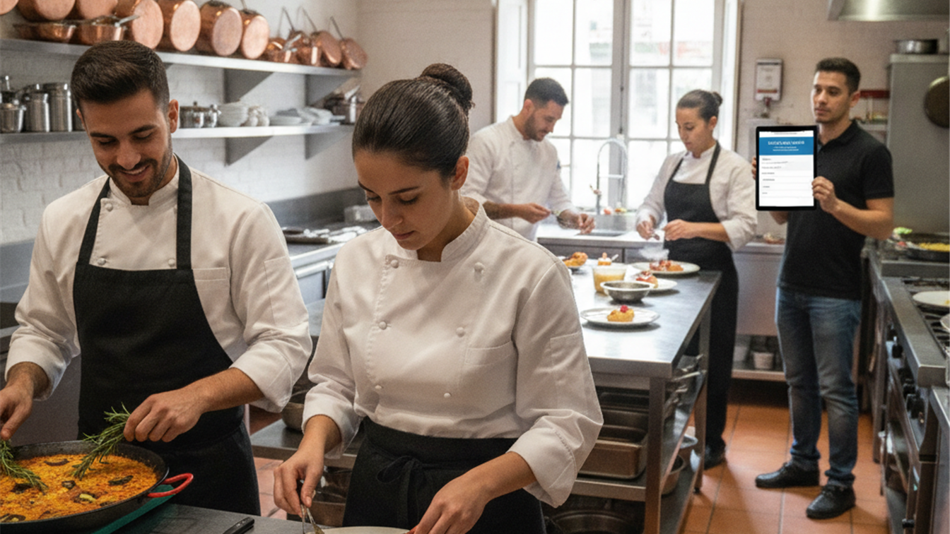 Chef y personal de cocina trabajando en un restaurante español