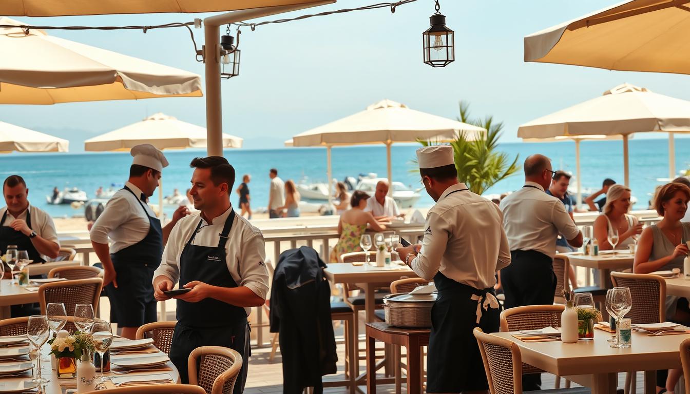Camareros y personal de hosteleria trabajando en una terraza junto al mar en España