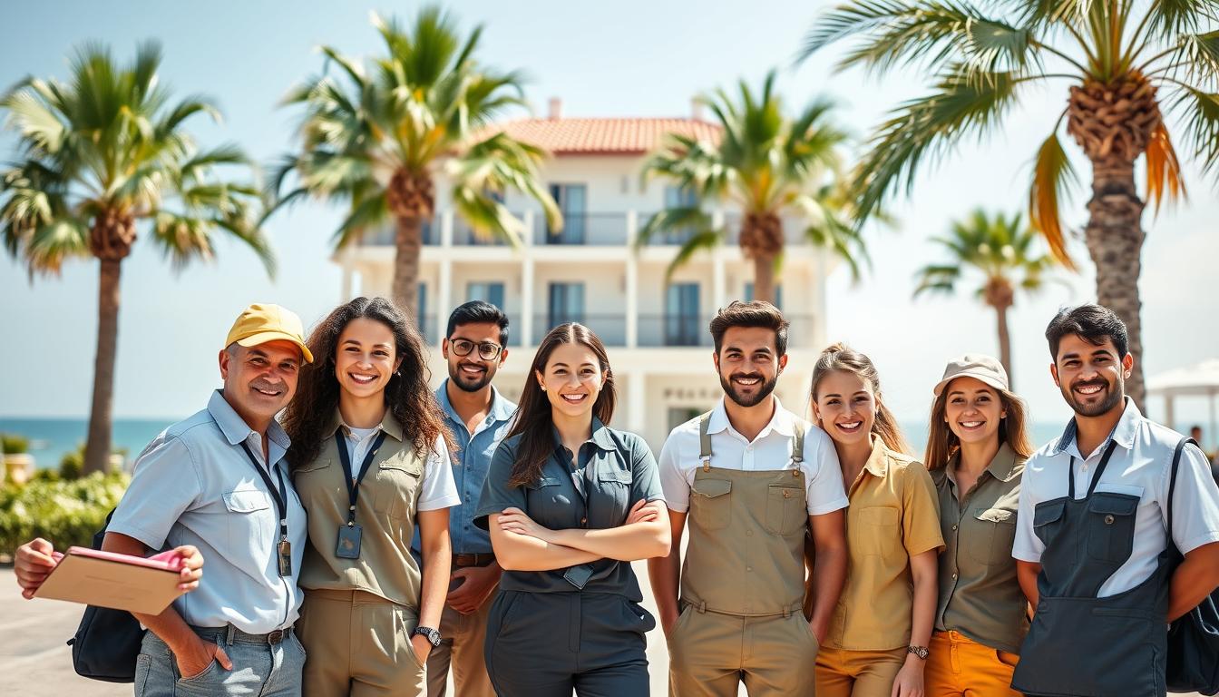 Grupo de trabajadores de temporada sonriendo frente a un hotel turistico en España