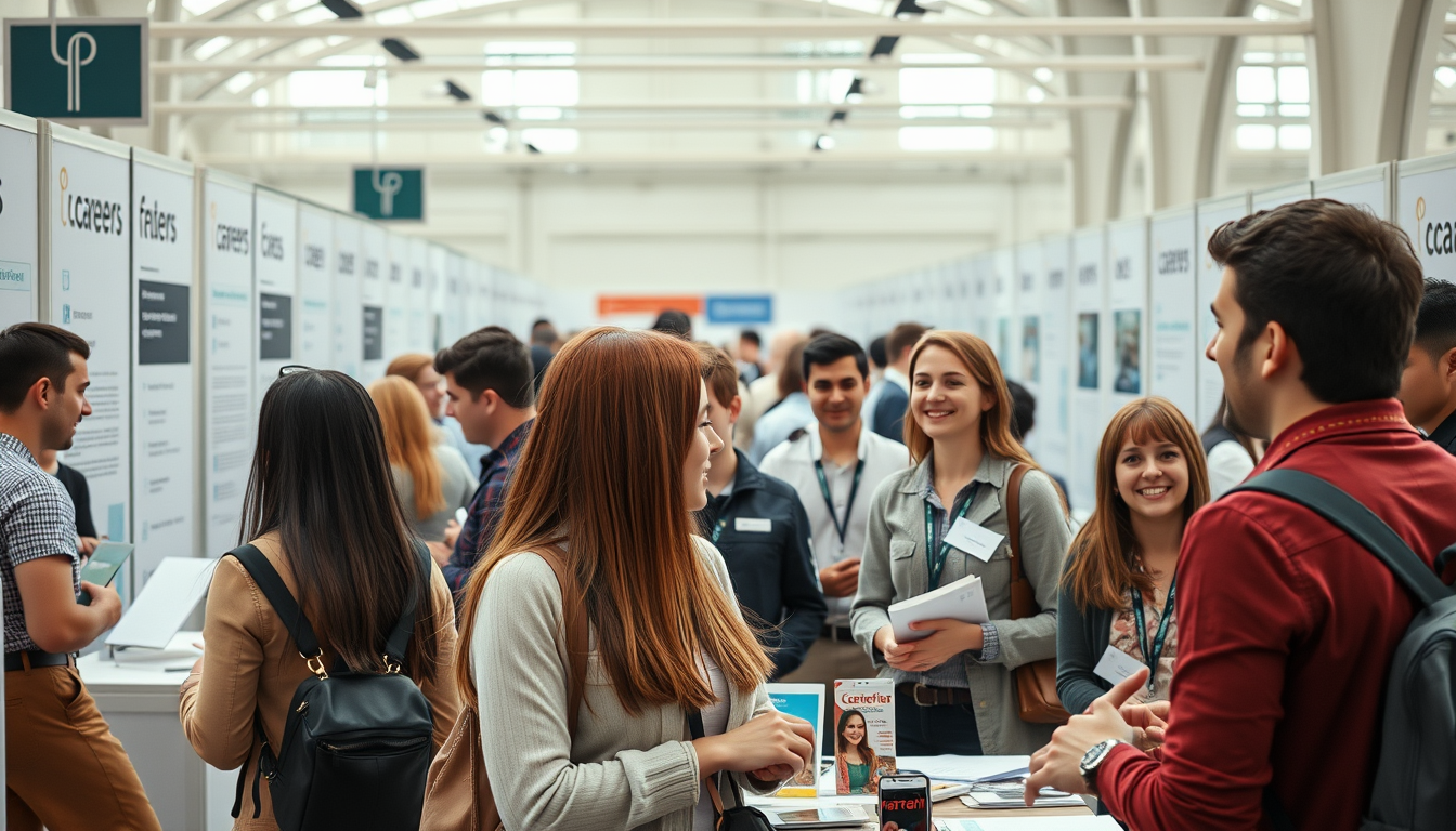 Jóvenes en una feria de empleo en España buscando oportunidades laborales