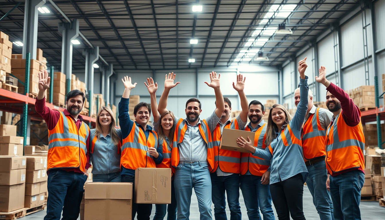 Equipo de almacén celebrando en un centro logístico moderno en España