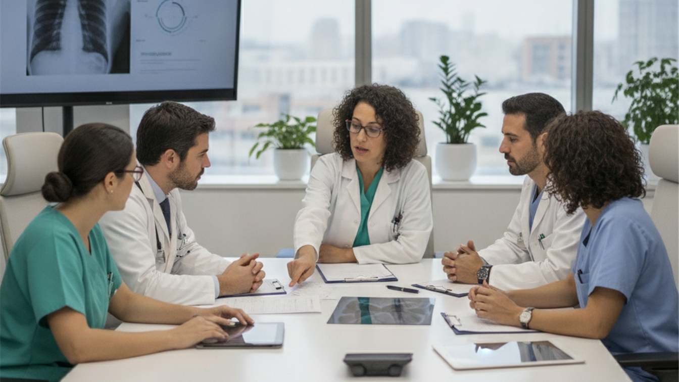 Equipo de enfermeras y médicos revisando historiales clínicos en España
