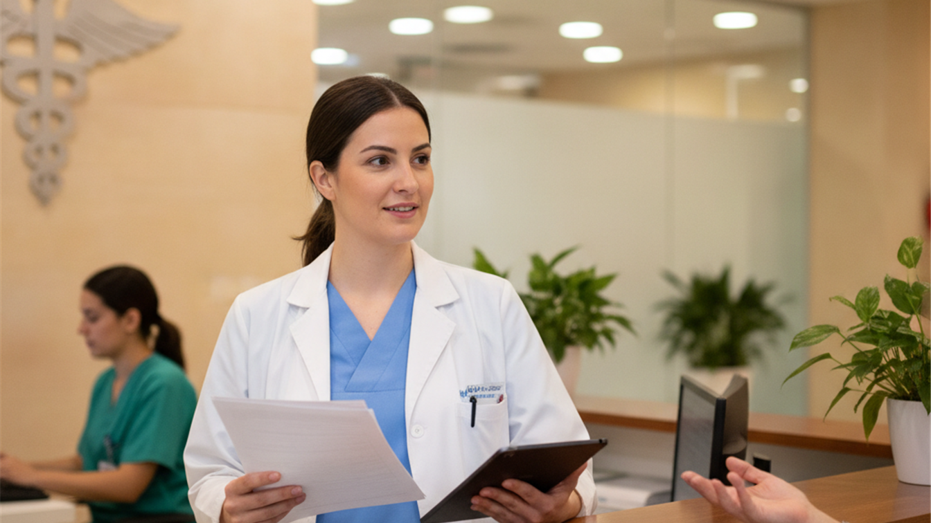 Enfermera con documentos y tablet en recepción de hospital en España