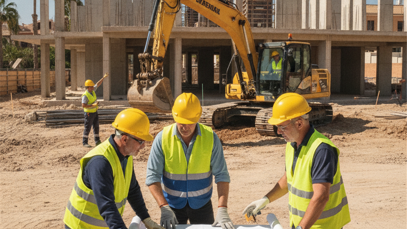 Equipo de trabajadores de la construccion en Espana colaborando en obra