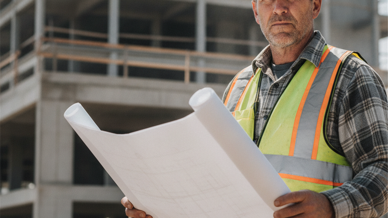 Encargado de obra revisando planos de construccion en Espana
