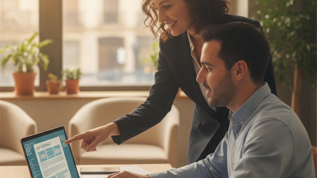 Recruiter entrevistando a candidato en agencia de empleo temporal