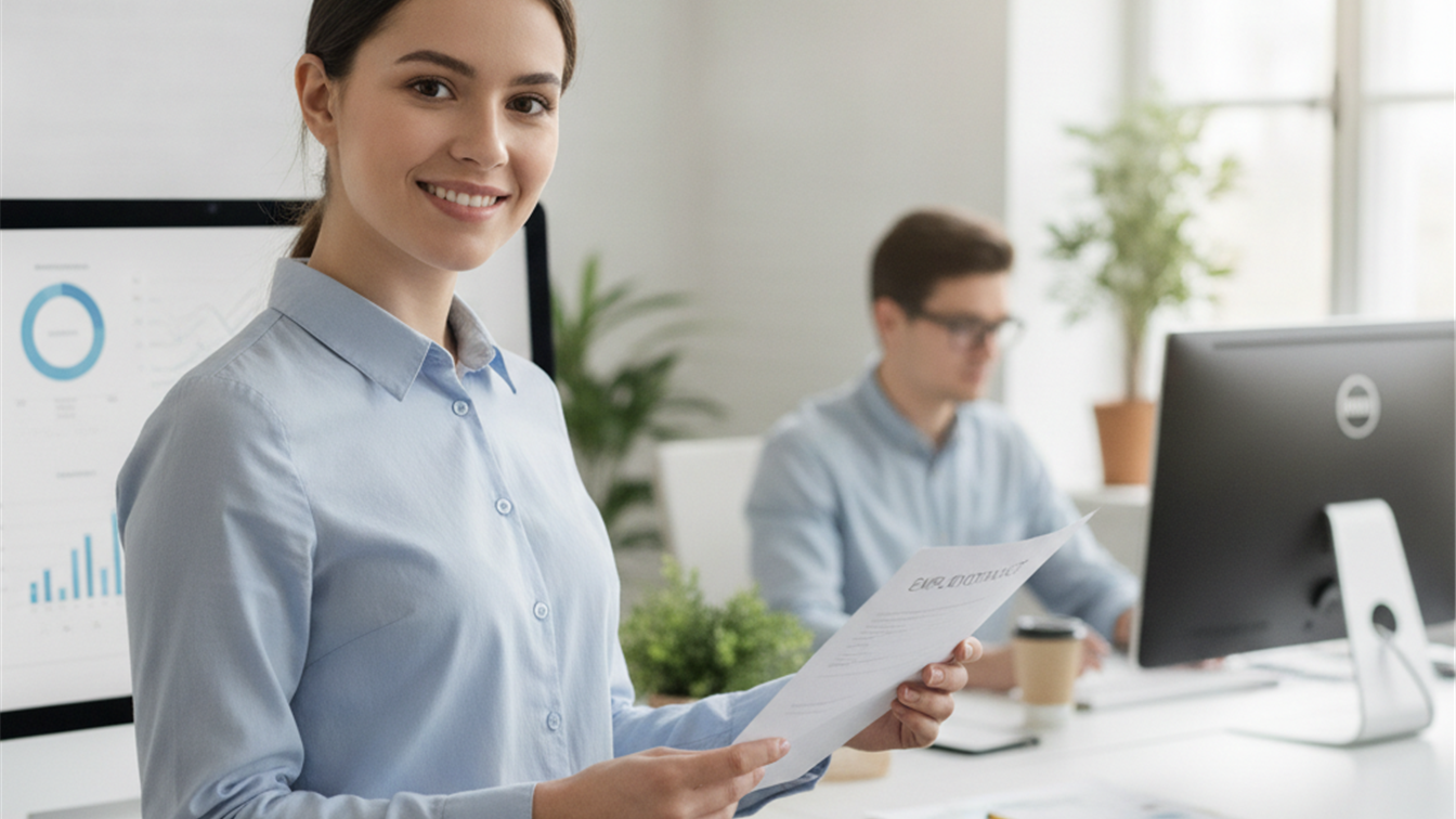 Trabajador sosteniendo contrato de empleo en oficina moderna