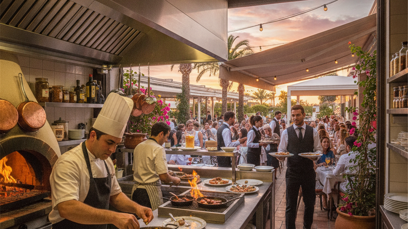 Camarero y cocinero trabajando en un restaurante español durante el verano