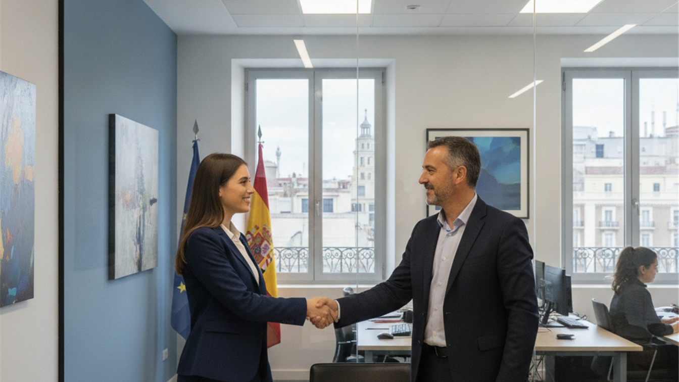 Candidato dando la mano a un responsable de recursos humanos en una oficina en España