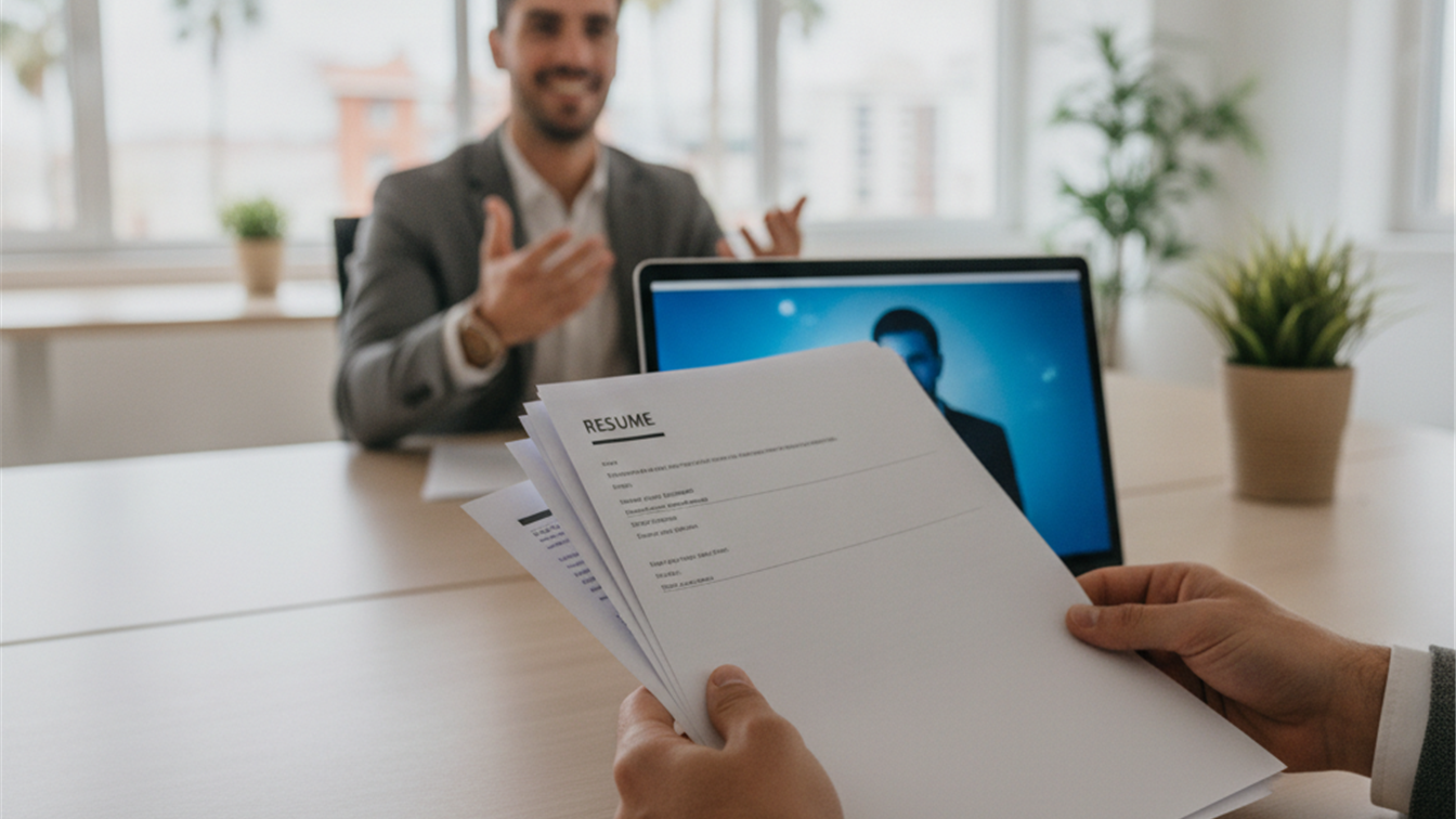 Persona revisando documentos de solicitud de empleo con ordenador de fondo