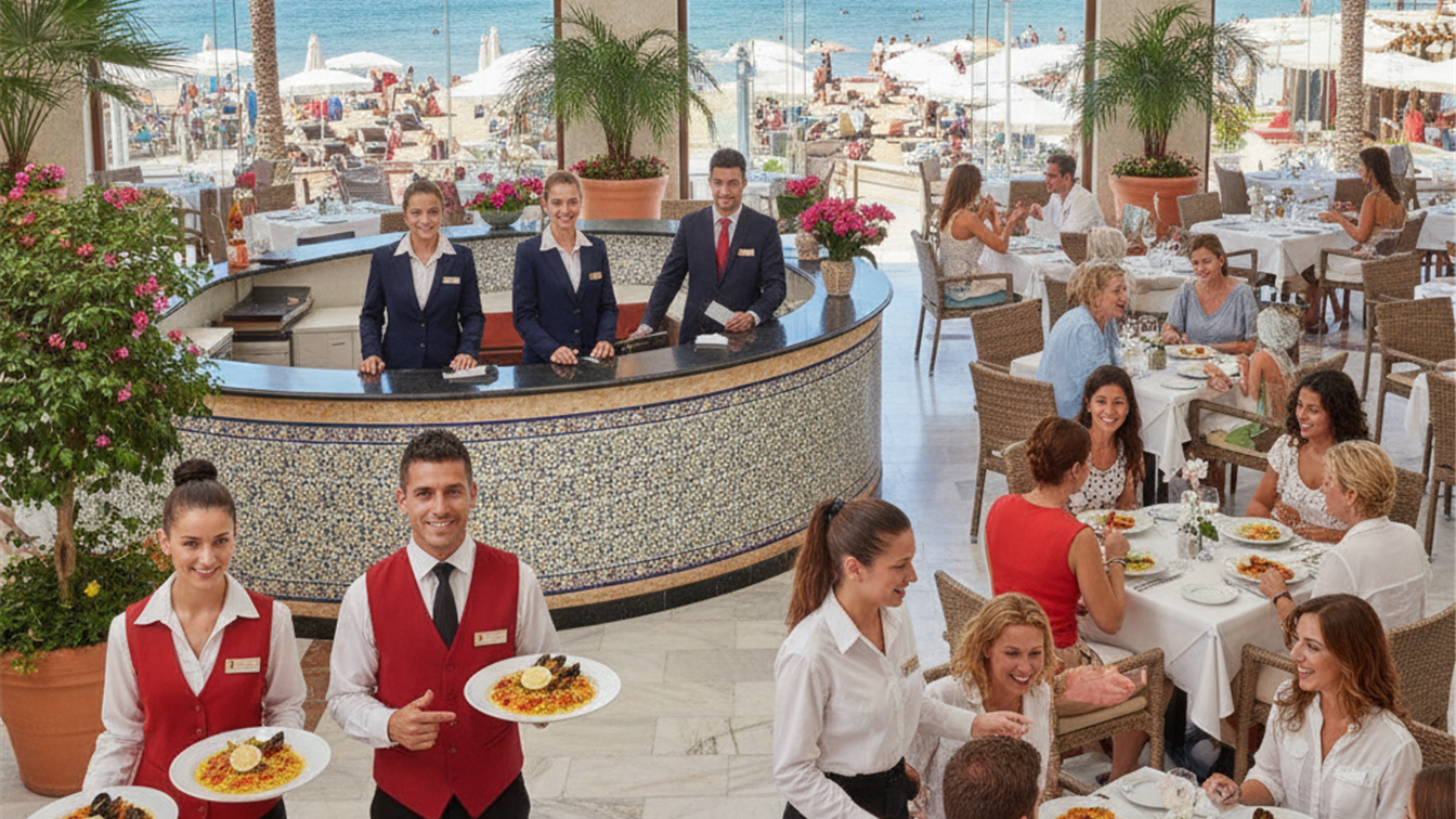 Personal de hostelería trabajando en hotel español durante el verano