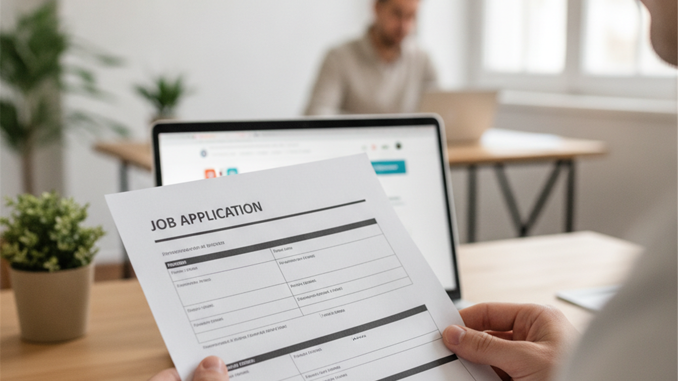 Persona revisando documentos de solicitud de empleo con portátil