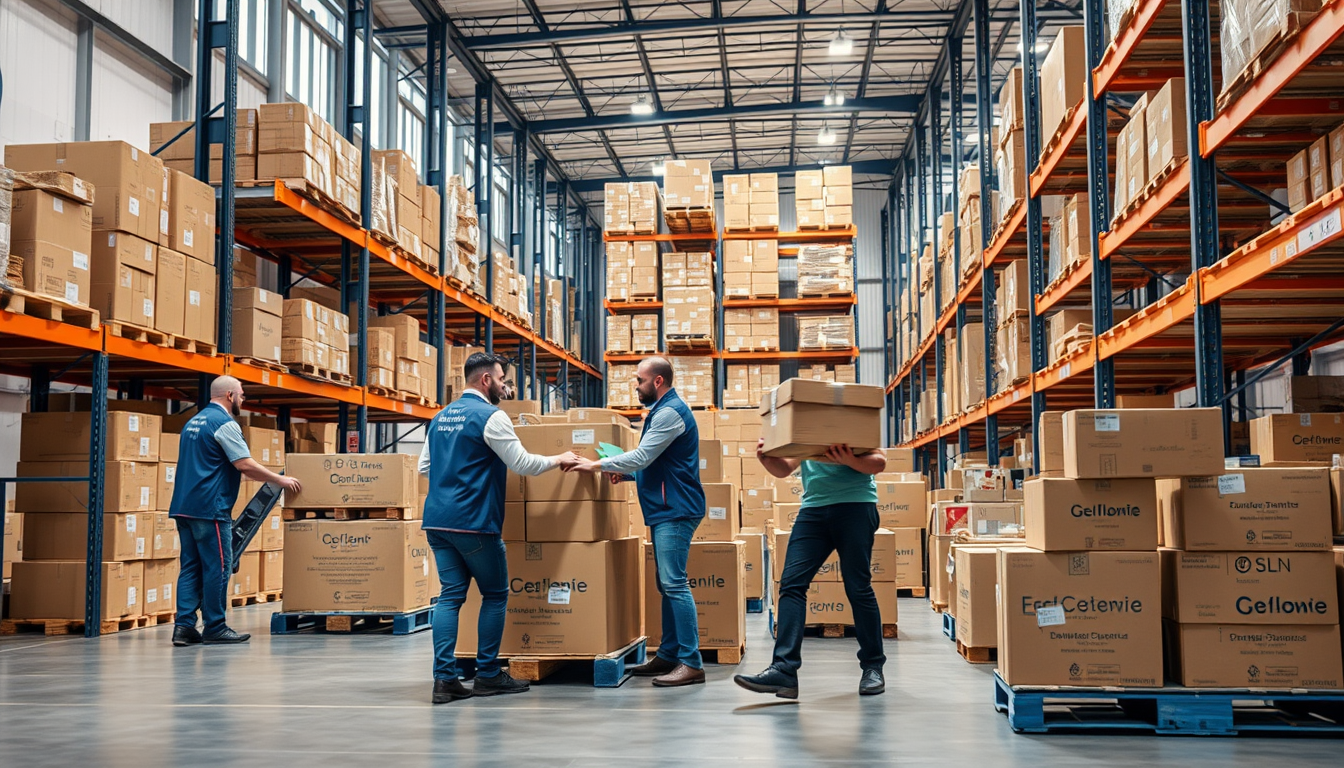 Personal de logística cargando paquetes en un almacén moderno en España