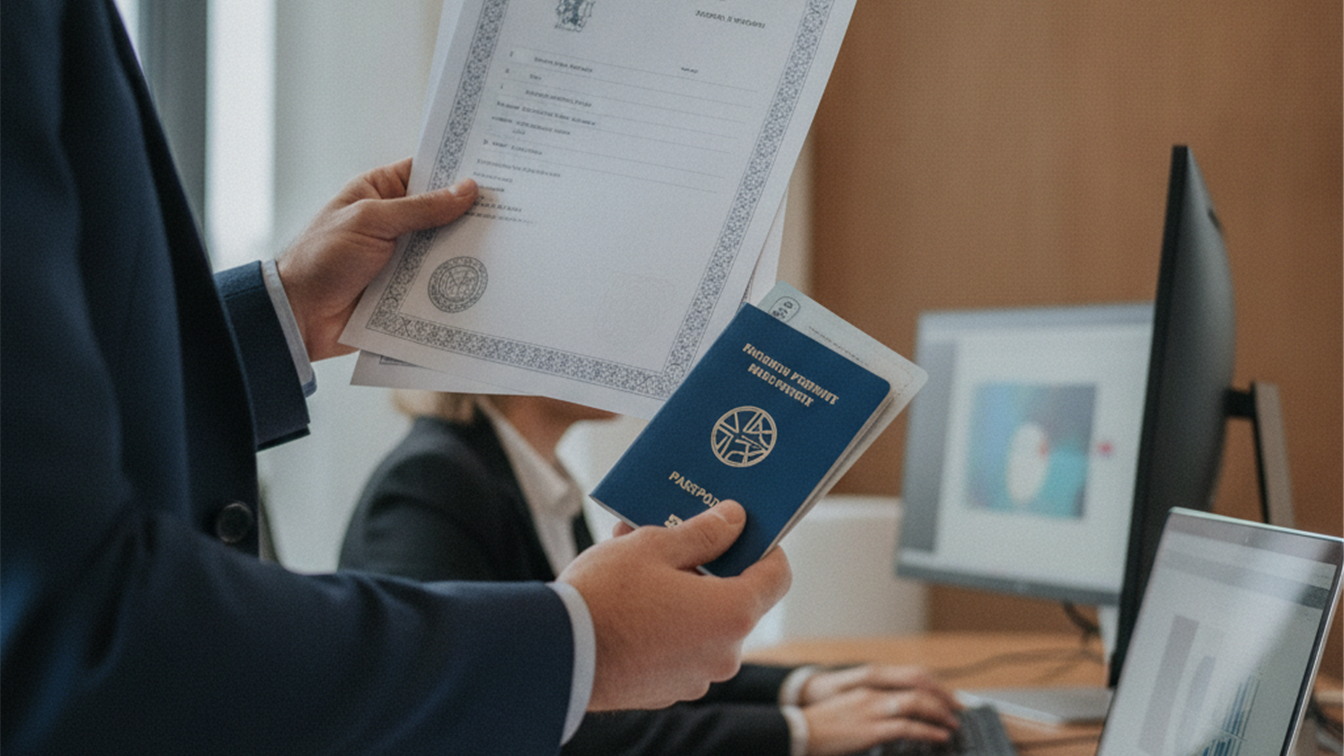 Persona sosteniendo documentos de permiso de trabajo y pasaporte en oficina