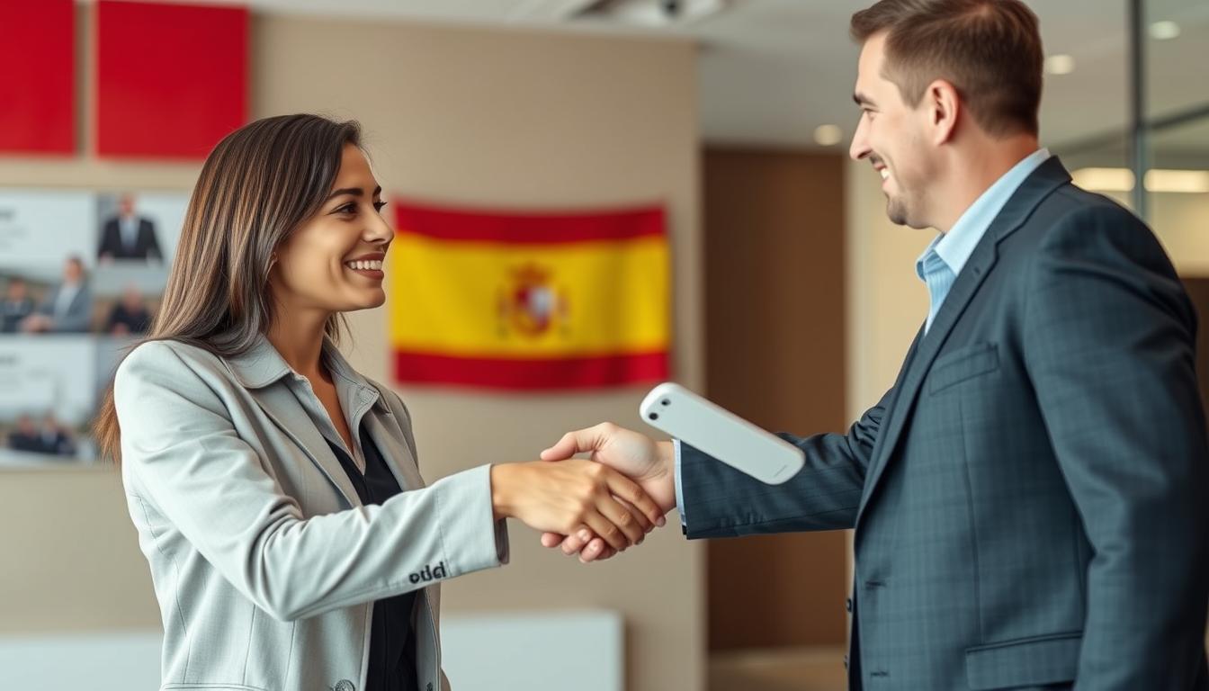 Candidato dándose la mano con empleador tras conseguir empleo en España