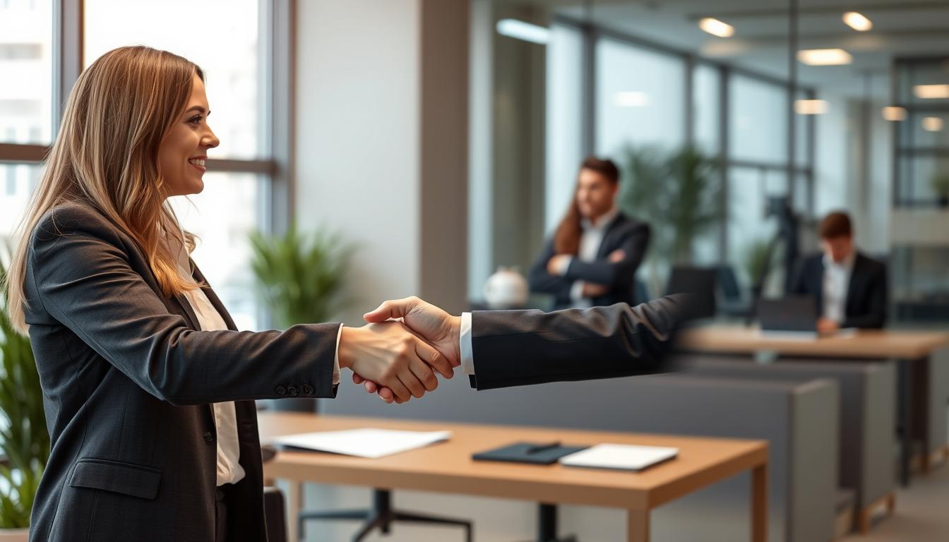 Candidato de empleo estrechando la mano con empleador en España