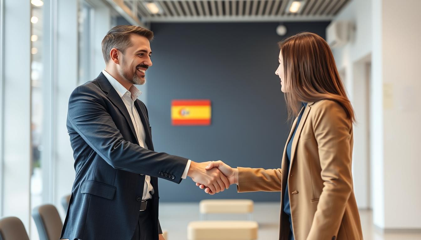 Candidato estrechando la mano con un empleador tras conseguir el puesto
