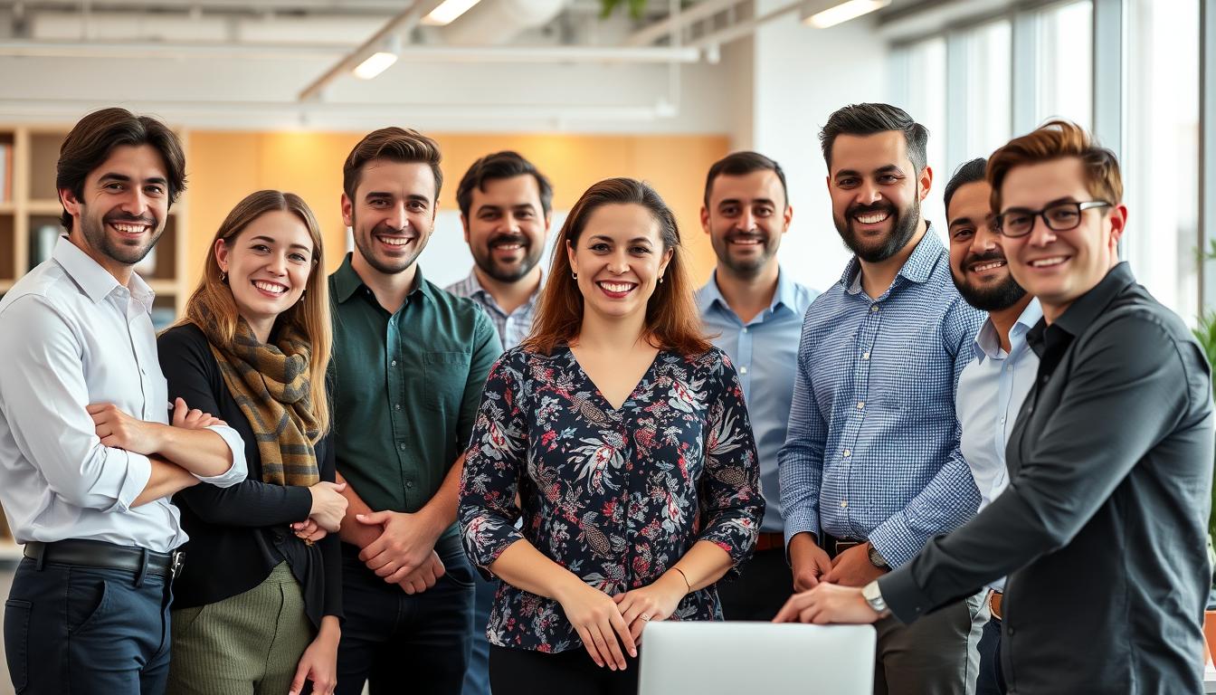 Empleados españoles trabajando en equipo en una oficina moderna