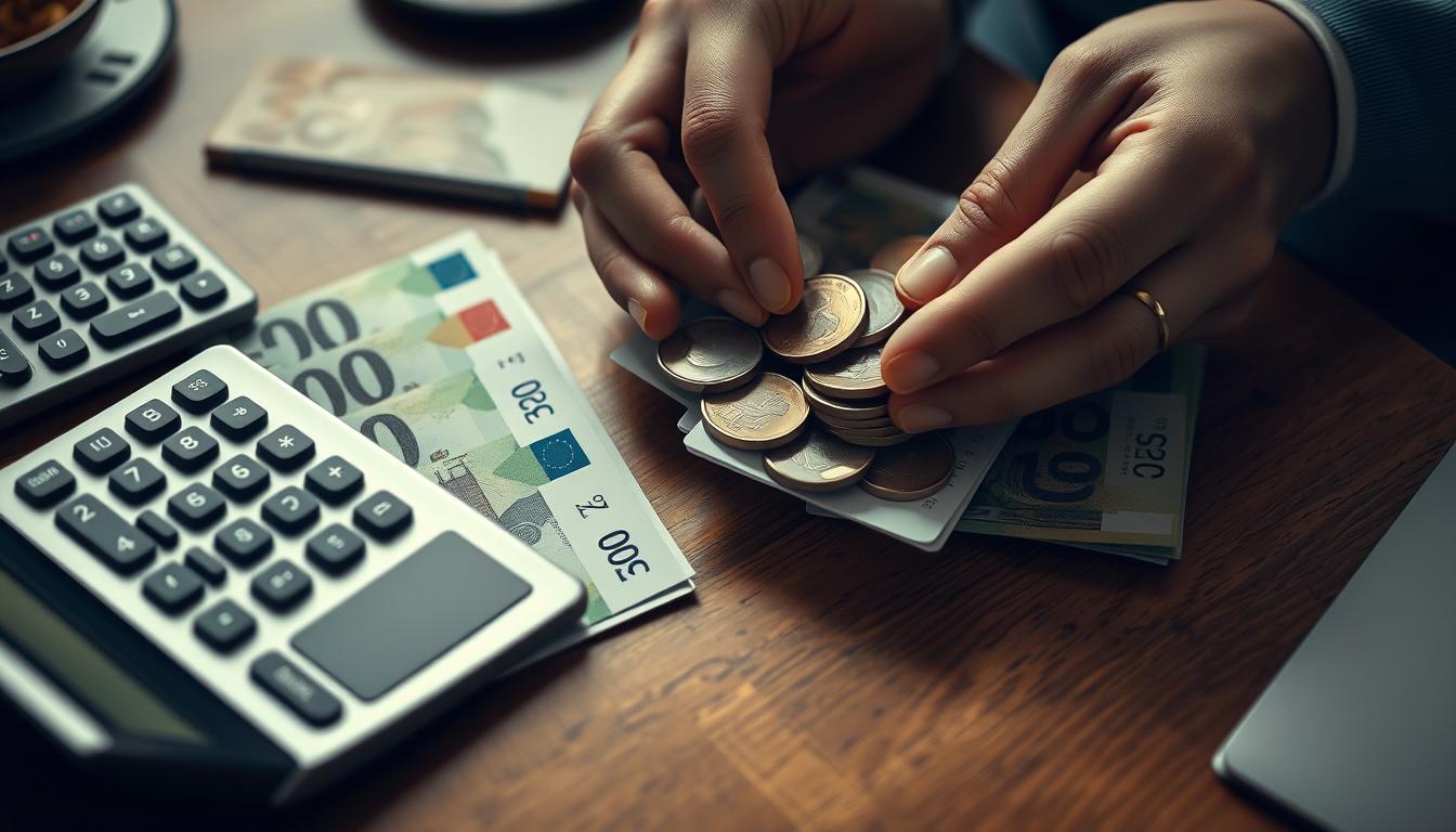 Manos contando monedas y billetes de euro junto a una calculadora