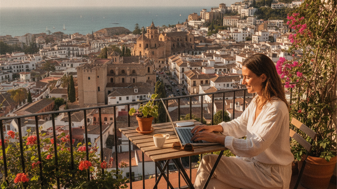 Profesional trabajando en portátil desde un espacio de coworking