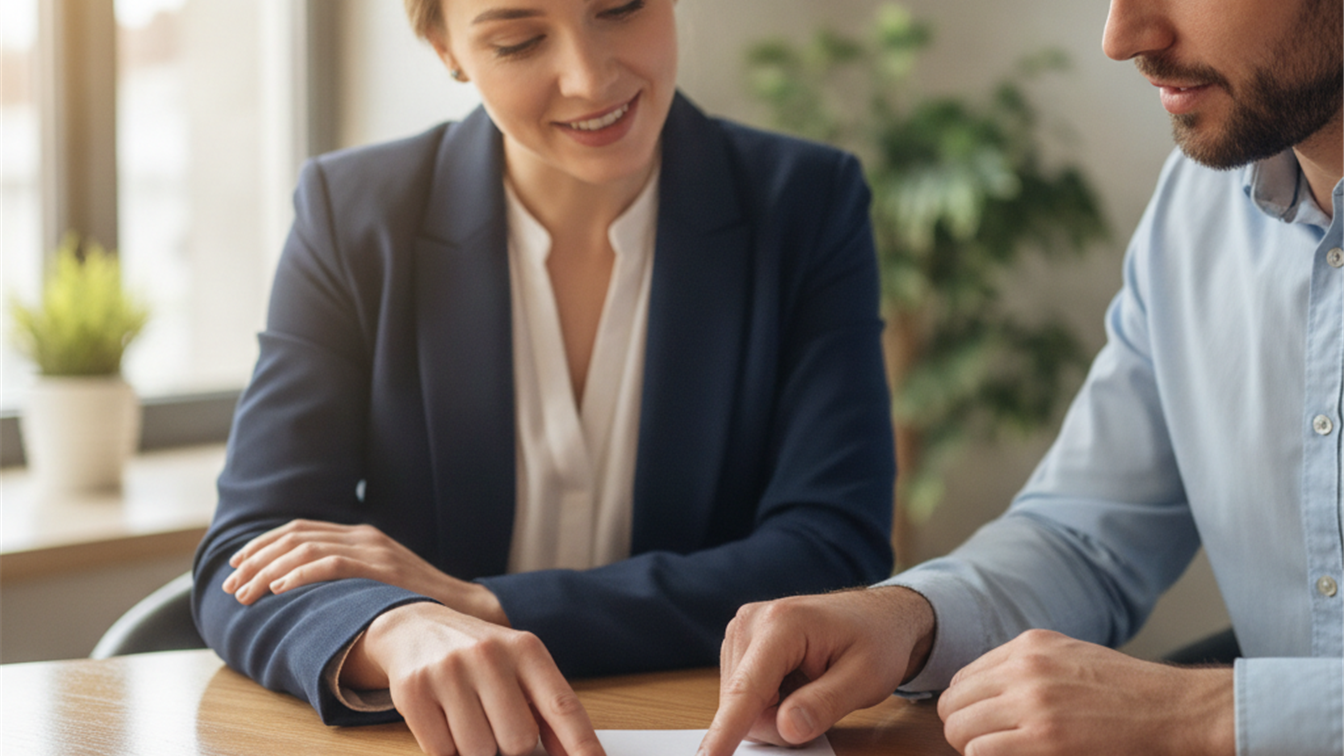 Persona revisando su nomina con un responsable de recursos humanos