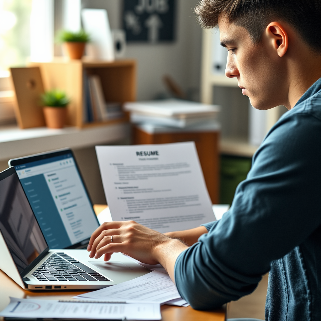 Joven revisando CV y documentos de búsqueda de empleo