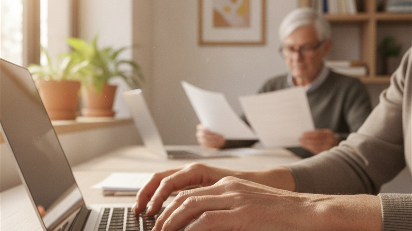 Persona mayor de 45 anos revisando documentos de trabajo en una oficina espanola