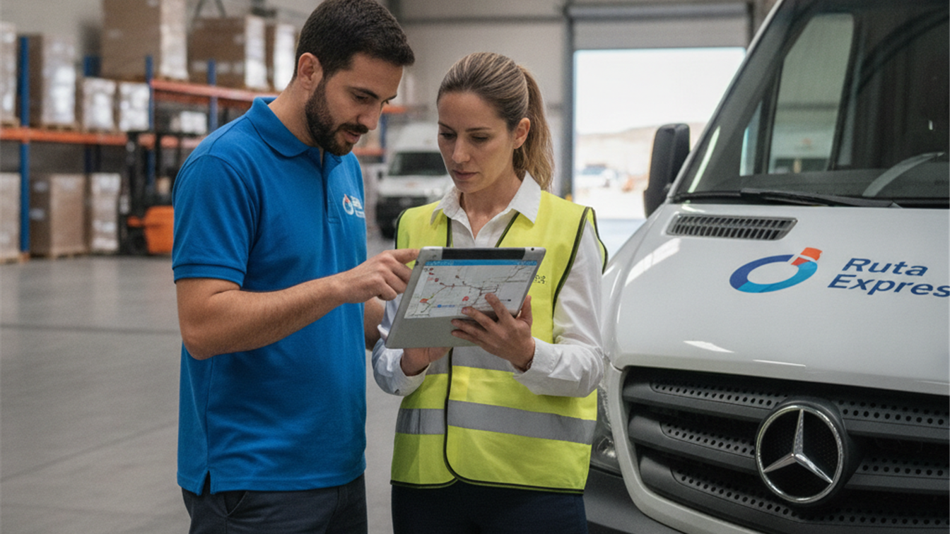 Trabajadores de logística revisando rutas de reparto en un centro de distribución