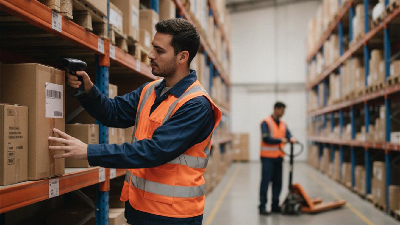 Trabajador de almacén escaneando código de barras en estantería logística