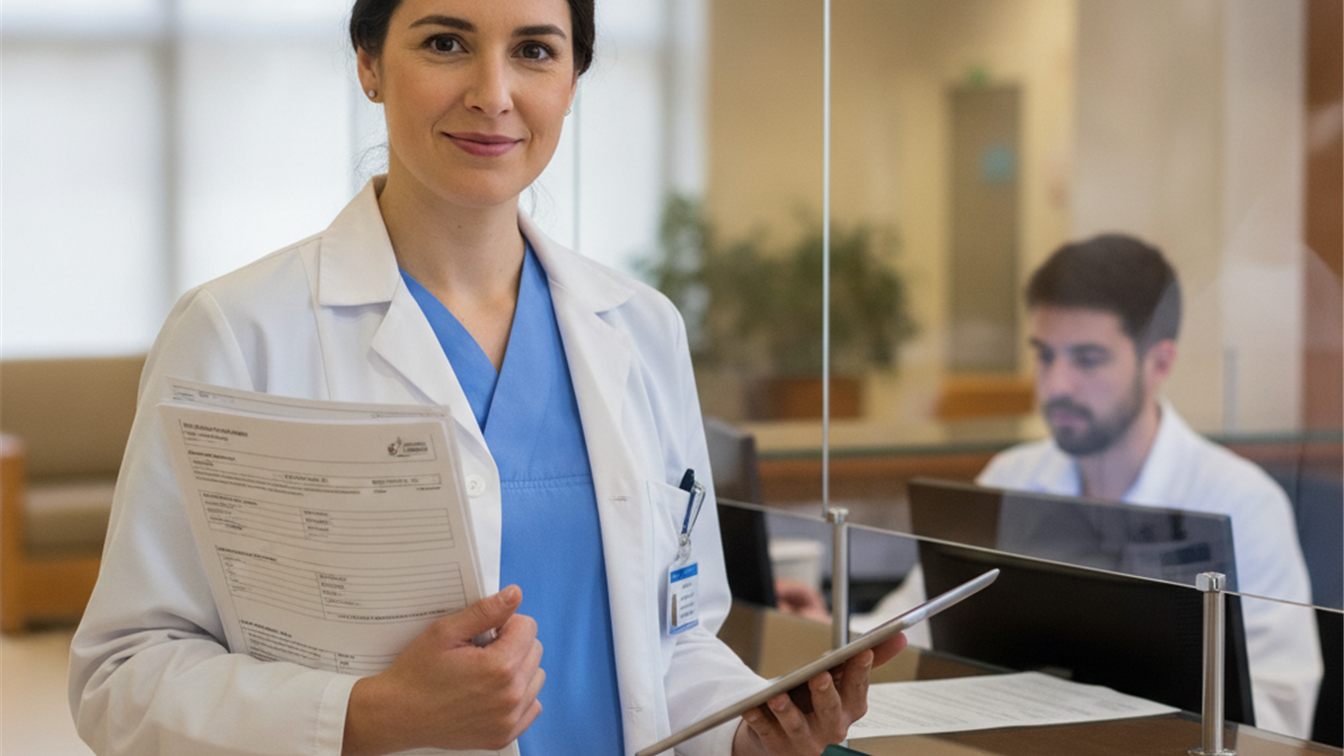 Sanitario revisando documentos en la recepción de un centro de salud en España