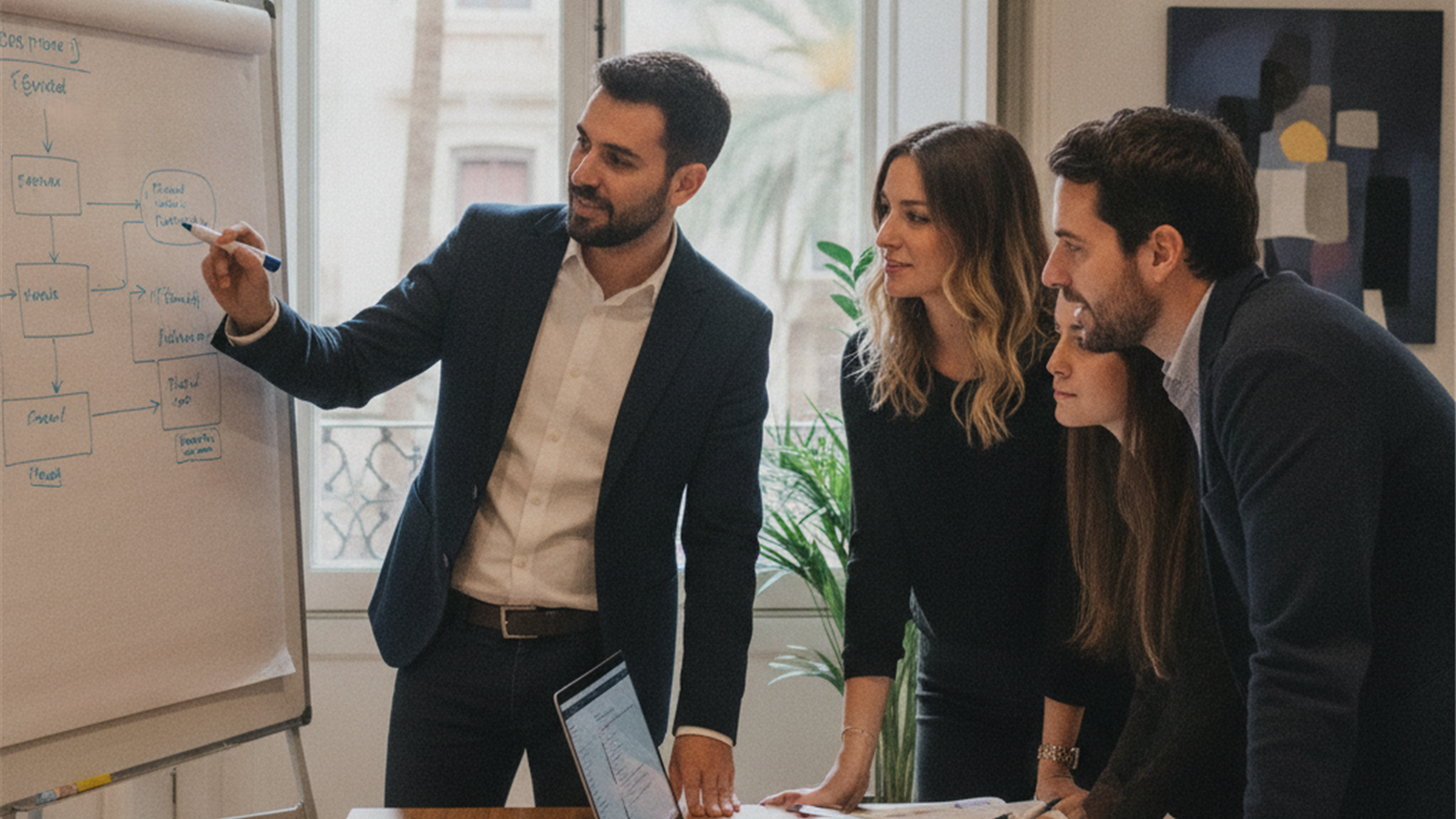 Equipo de desarrolladores trabajando en una reunion de proyecto en una oficina espanola