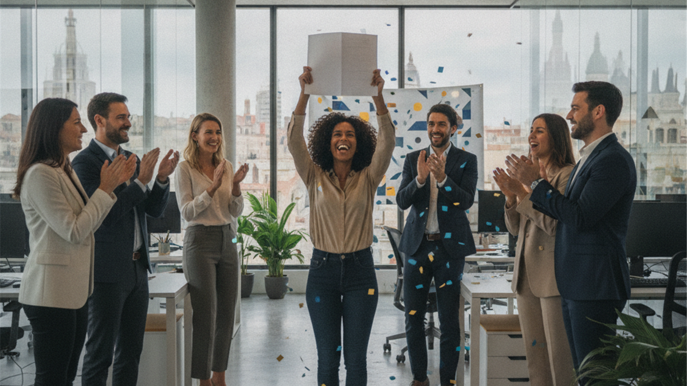 Profesional celebrando oferta de trabajo en empresa tecnologica en Espana