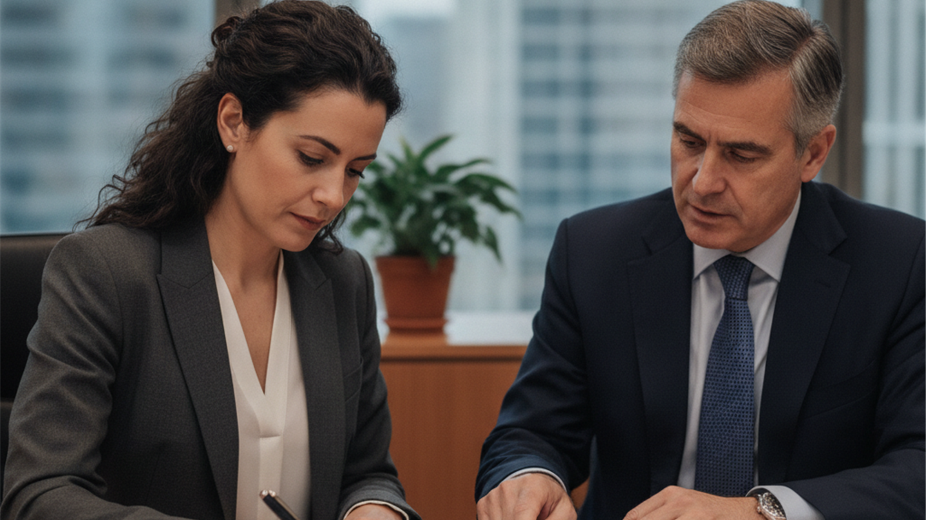 Trabajador firmando documento de excedencia con responsable de recursos humanos