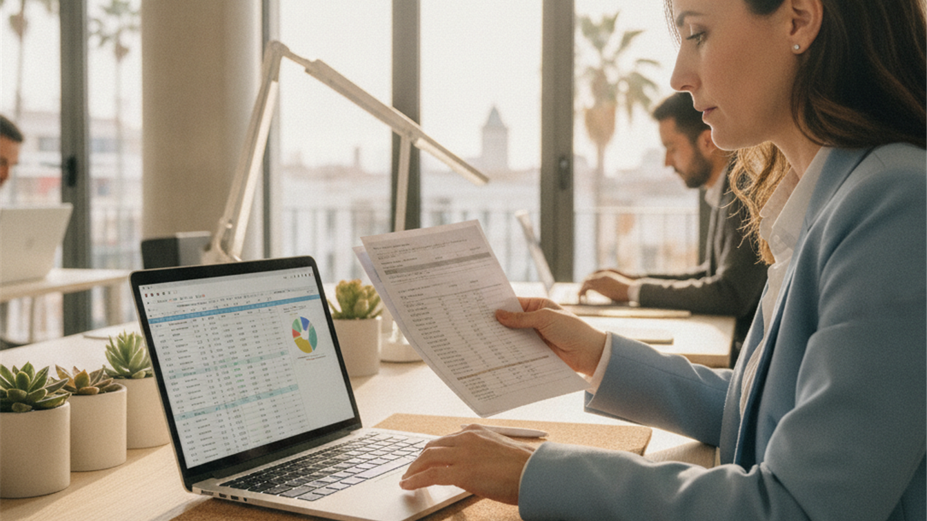 Persona revisando documentos de finiquito con calculadora en oficina en España