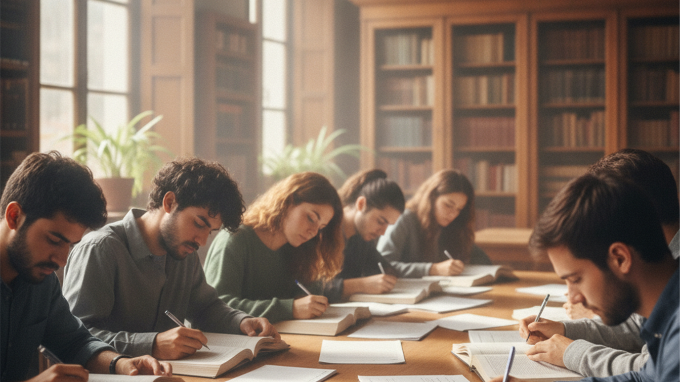 Grupo de opositores estudiando en una sala con libros y ordenadores