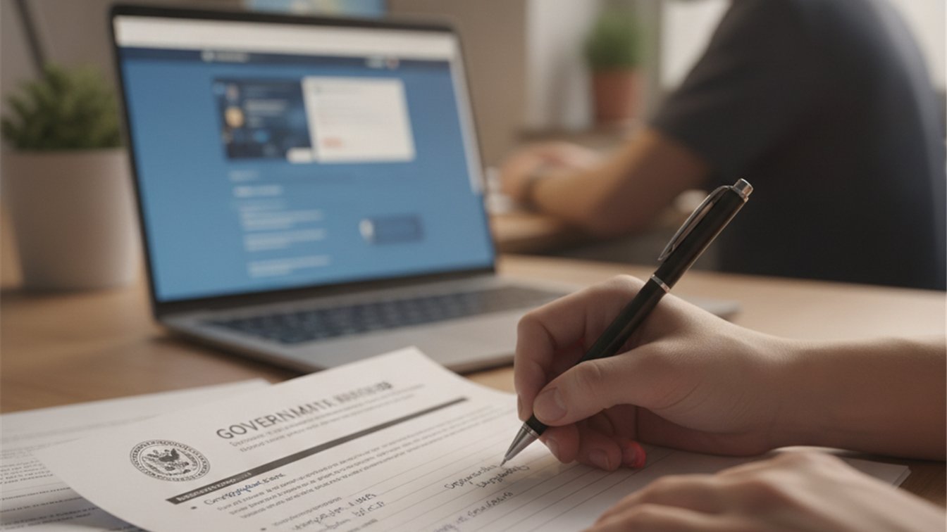 Persona preparando documentos de oposicion junto a un ordenador