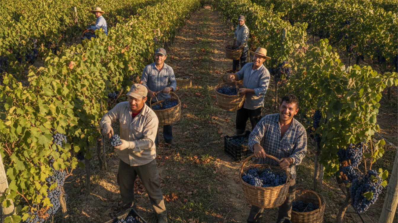 Trabajadores en la vendimia en un viñedo español