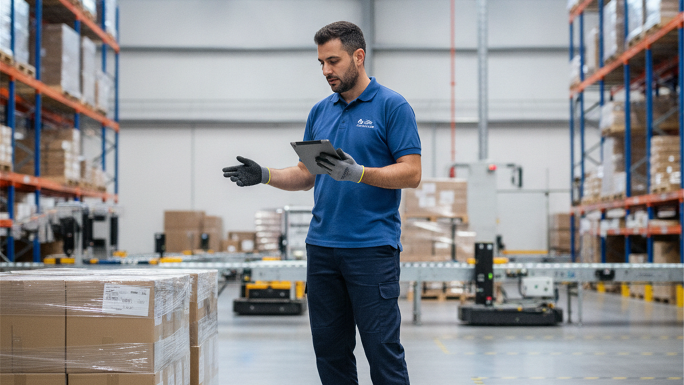 Trabajador de logistica revisando inventario en centro de distribucion en Espana