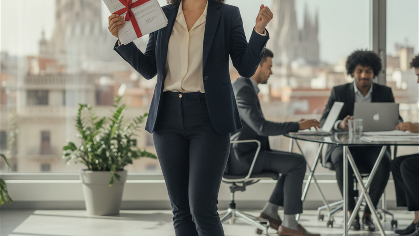 Profesional celebrando nuevo empleo en Espana