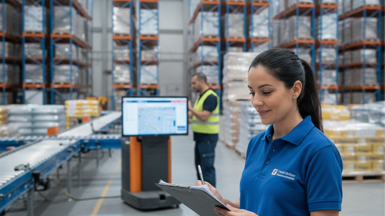 Trabajador de logistica revisando documentos en almacen espanol