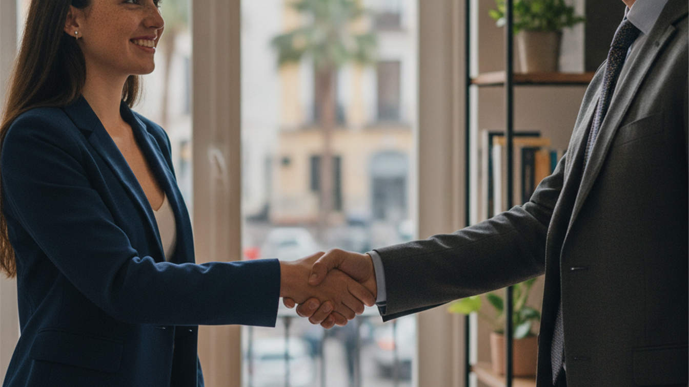 Candidato de empleo estrechando la mano de un empleador en España