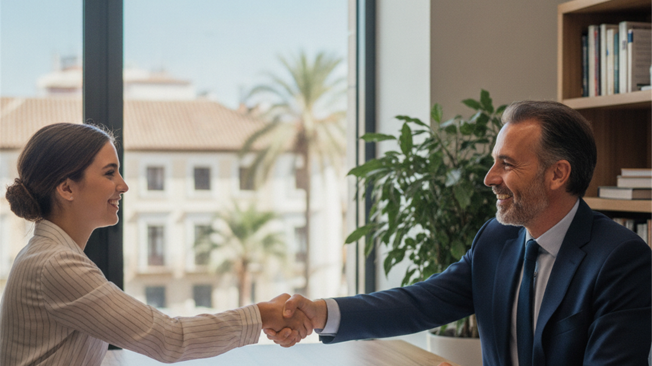 candidato de empleo estrechando la mano con empleador en Espana