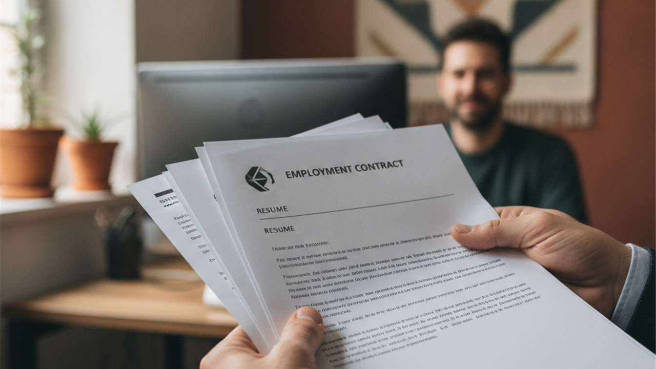 Documentos de empleo y curriculum en manos de un candidato