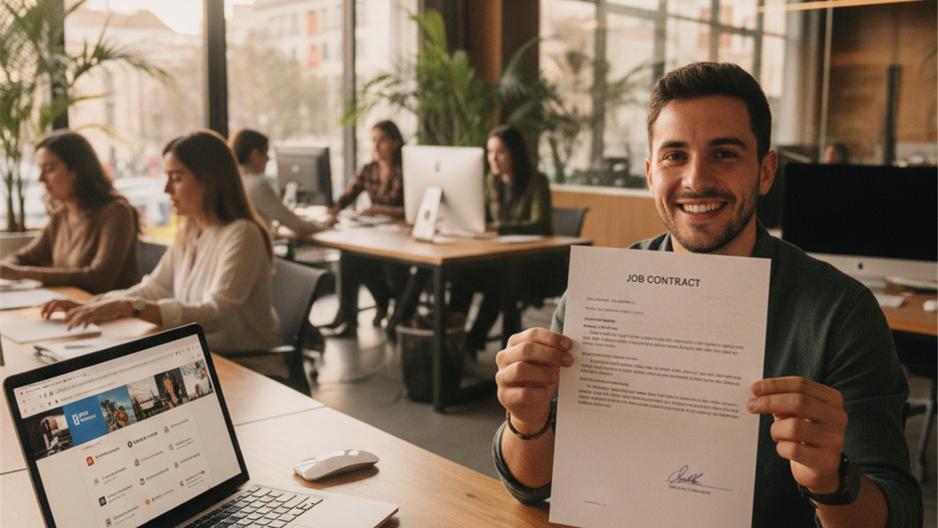 Persona joven con contrato de trabajo y portatil con ofertas de empleo